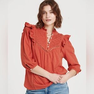Another Love Kendall Pleated Yoke Top Brick Red Orange Color 100% Cotton Size XL
